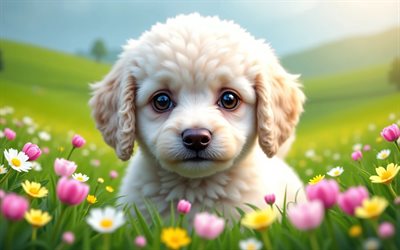 4k, पूडल पिल्ला, क्लोज़ अप, वसंत, bokeh, कुत्ते, प्यारे जानवर, पिल्लों, पालतू जानवर, पूडल, वसंत के फूल, लॉन पर पिल्ला, पूडल कुत्ता