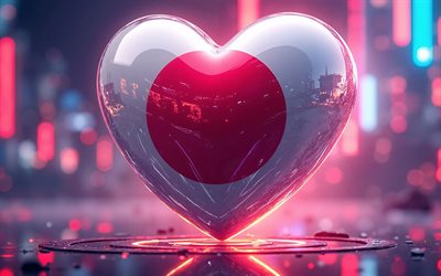 나는 일본을 사랑한다, 4k, 어둠, 사이버펑크, 디지털 아트, 일본의 날, 창의적인, 일본의 국기, 3d 아트, 일본 국기가 있는 하트, 3d 하트, 일본 국기, 일본, 일본에 대한 사랑