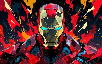 hombre de hierro, 4k, fondo abstracto rojo, cómics marvel, creativo, superhéroes, arte del hombre de hierro, hombre de hierro 4k