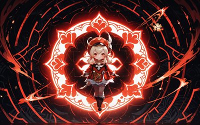 fliegender klee, 4k, nacht, rote neonornamente, genshin impact, roter abstrakter hintergrund, klee, rote augen, rote neonringe, anime charaktere, pyro charaktere, genshin impact charaktere, klee genshin impact