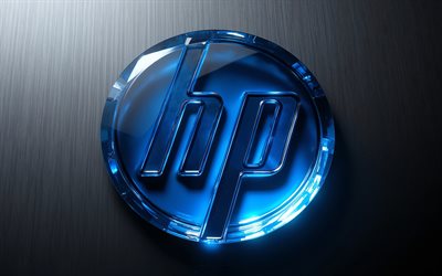 HP 3D blue glass logo, 4k, Hewlett-Packard logo, gray background, Hewlett-Packard emblem, Hewlett-Packard, HP, Hewlett-Packard blue glass logo, HP emblem, HP logo