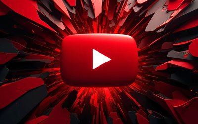 4k, YouTube 3D logo, artwork, red 3D background, geometric art, social networks, brands, creative, YouTube logo, YouTube