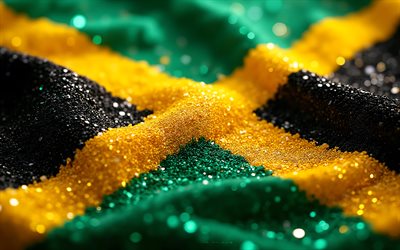 Jamaican flag, 4K, gemstones, flag of Jamaica, crystals, shiny stones, Jamaica, creative art, green gemstones, black yellow green crystals, Jamaica flag