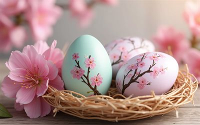 rosa ostereier mit ornamenten, frohe ostern, sakura, osterkonzepte, rosa ostereier, osterdekorationen, ostern, kirschblüte, frühling