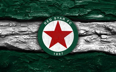 logotipo de madeira do red star fc, 4k, fundo de madeira branco verde, liga 2, futebol, logotipo do red star fc, emblema do red star fc, estrela vermelha fc, clube de futebol francês, fc estrela vermelha