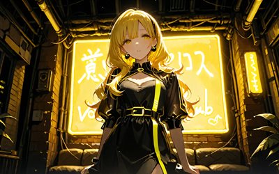 4k, mayu, boîte de nuit, néons jaunes, vocaloïde, vocaloïde3, personnages vocaloïdes, mangas, vocaloïde mayu