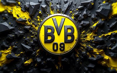 4k, logo 3d del borussia dortmund, bokeh, sfondo 3d in pietra nera, bundesliga, calcio, lo stemma del borussia dortmund, bvb, squadra di calcio tedesca, borussia dortmund fc