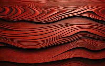 4k, textura de madeira vermelha, texturas naturais, ondas de madeira 3d, madeira dura, ondas de madeira, texturas de madeira, fundo de madeira vermelho, textura de madeira ondulada