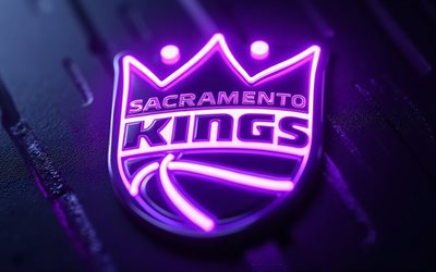 logotipo de neón de los sacramento kings, 4k, fondo de metal morado, nba, arte de neón, emblema de los reyes de sacramento, eeuu, reyes de sacramento, baloncesto, logotipo de los reyes de sacramento