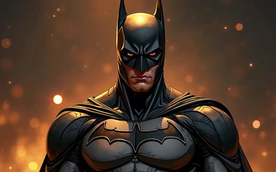 batman, 4k, nuit, éblouissement du feu, dc comics, super héros, art abstrait, bâtiments, dessins de batman, fan art, batman 4k