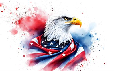 águila calva, 4k, 4 de julio, aves de presa, bandera de estados unidos, bandera americana, arte del águila calva, cuatro de julio, águila calva envuelta en la bandera de estados unidos, águilas