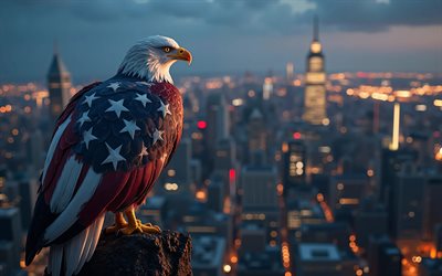 4k, águila calva, paisaje nocturno, bandera estadounidense en alas, bandera de estados unidos, aves de presa, símbolo de los eeuu, arte del águila calva, 4 de julio, obra de arte, águilas, eeuu, cuatro de julio, arte 3d