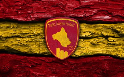 Rodez AF wooden logo, 4k, red yellow wooden background, Ligue 2, soccer, Rodez AF logo, football, Rodez AF emblem, Rodez AF, french football club, Rodez FC