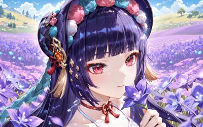 yun jin, 4k, flores violetas, prado, verano, impacto de genshin, personajes de anime, ojos rojos, personajes de impacto de genshin, impacto de yun jin genshin