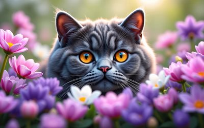4k, britische kurzhaarkatze, gelbe augen, frühling, bokeh, katzen, süße tiere, haustiere, frühlingsblumen, katze auf dem rasen, britisch kurzhaar