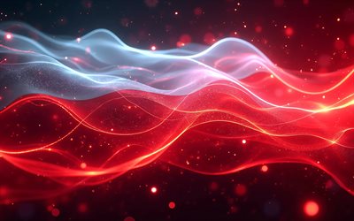 4k, bandera brillante de polonia, bokeh, bandera de polonia, dia de polonia, arte 3d, bandera polaca, bandera de neón de polonia, ondas de neón bandera de polonia, polonia, bandera de polonia 3d, bandera abstracta de polonia