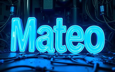 4k, mateo, blaue neonbuchstaben, dunkelheit, mateo name, kreativ, mateo geburtstag, drähte, beliebte amerikanische männliche namen, alles gute zum geburtstag, bild mit mateo namen