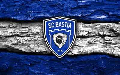 SC Bastia wooden logo, 4k, blue white wooden background, Ligue 2, soccer, SC Bastia logo, football, SC Bastia emblem, SC Bastia, french football club, Bastia FC