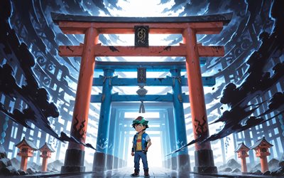 ash ketchum, 4k, noche, puertas torii, fumar, pokémon, protagonista, satoshi, manga, personajes pokemon, obra de arte, pokémon ash ketchum