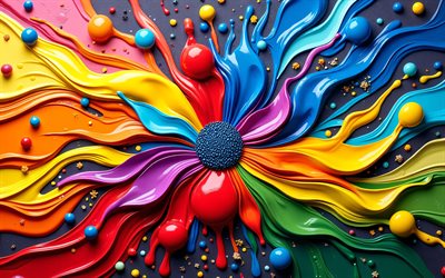 4k, paint splashes flower, realistic art, creative, 3D flowers, colorful paint splashes, colorful abstraction, colorful abstract flowers, artwork, abstract backgrounds, 3D paint splashes