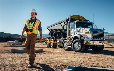 2026, mack granit, 4k, ön görünüm, dış, damperli kamyon, beyaz mack granit, amerikan kamyonları, mack