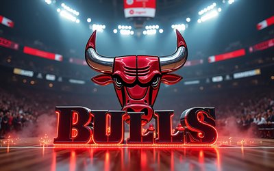 4k, logotipo metálico de los chicago bulls, fondo del estadio de baloncesto, nba, creativo, baloncesto, logotipo de los toros de chicago, logotipo 3d de los toros de chicago, equipo de baloncesto americano, toros de chicago
