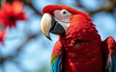4k, arara escarlate, céu azul, animais selvagens, arara vermelha e verde, bokeh, selva, papagaio vermelho, ara macau, papagaio no galho, pássaros coloridos, papagaios, arara, arara vermelha, ara