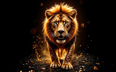 löwe, 4k, wildkatzen, raubtier, löwe auf schwarzem hintergrund, goldene steine, wilde tiere, raubtiere, löwen, kreative kunst, schwarzer hintergrund, löwe im dunkeln, großer löwe