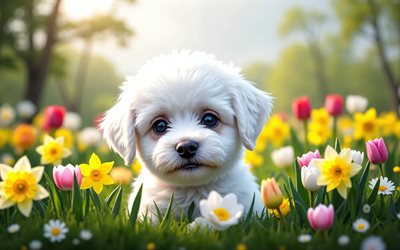 4k, cucciolo di bichon frisé, avvicinamento, primavera, bokeh, cani, simpatici animali, cuccioli, animali domestici, bichon frise, fiori primaverili, cucciolo sul prato, cane bichon frise
