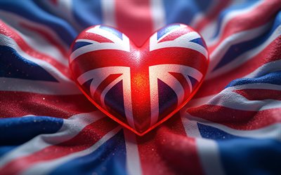 4k, eu amo a grã bretanha, fundo ondulado de tecido, bokeh, criativo, dia da grã bretanha, bandeira da grã bretanha, coração com bandeira britânica, corações 3d, bandeira britânica, grã bretanha, amor pela grã bretanha, bandeira do reino unido, união jack