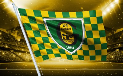 4k, logo gks katowice, club de football polonais, drapeau du stade, drapeau des supporters du gks katowice, drapeau vert jaune, emblème gks katowice, extraklasa, pologne, football, gks katowice