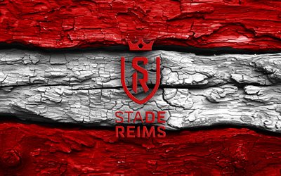 logotipo de madeira do stade de reims, 4k, fundo de madeira branco vermelho, liga 2, futebol, logotipo do stade de reims, emblema do stade de reims, estádio de reims, clube de futebol francês, estádio de reims fc