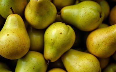peras verdes, 4k, de cerca, frutas frescas, peras premium, frutas maduras, peras maduras, fondo con peras, frutas, peras
