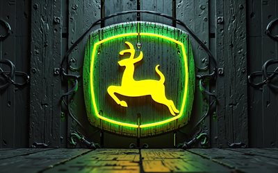 logotipo de neón de john deere, 4k, oscuridad, luces de neón verdes, fondo de madera, logotipo de madera de john deere, marcas, logotipo de john deere, empresa de ingenieria, john deere