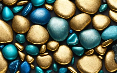 4k, seixos dourados azuis, texturas de pedras, fundo com pedras, texturas de seixo, texturas naturais, seixos, fundo com pedrinhas
