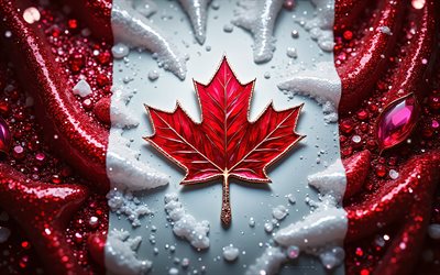العلم الكندي, 4k, الأحجار الكريمة, علم كندا, بلورات, حجارة لامعة, كندا, الفن الإبداعي, الأحجار الكريمة الحمراء, بلورات بيضاء حمراء