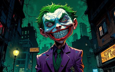 4k, joker sonriente, cielo verde, noche, arte de dibujos animados, supervillano, bromista, arte abstracto, comodín 4k, creativo, arte del comodín