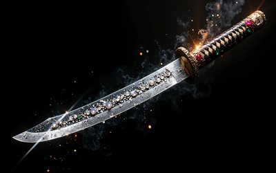 daga japonesa, 4k, fondo negro, espada japonesa, dagas, armas cuerpo a cuerpo, cuchillo japonés