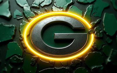 4k, logo métallique des packers de green bay, bokeh, fond vert 3d, nfl, football américain, créatif, logo des packers de green bay, logo 3d des packers de green bay, équipe de football américain, packers de green bay