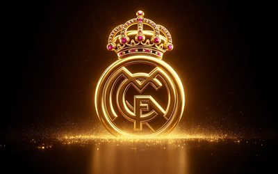 Real Madrid golden glowing logo, 4k, black background, Real Madrid emblem, Real Madrid logo, creative art, Real Madrid sign, Real Madrid CF, football, Real Madrid