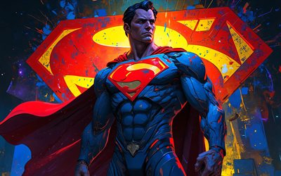 초인, 4k, 추상 미술, 슈퍼 히어로, 마블 코믹스, 슈퍼맨 로고, 슈퍼맨 아트, 팬 아트, 슈퍼맨 4k