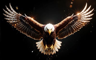 Bald Eagle, 4k, crystal art, black background, birds of prey, Bald Eagle with outstretched wings, USA, eagles, Bald Eagle in the dark