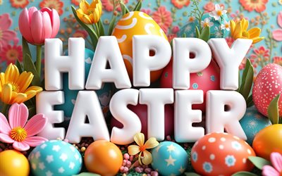 frohe ostern, 4k, blumendekorationen, bunte ostereier, bunte blumen, osterrahmen, osterdekorationen, osterhintergründe, ostereier, frohe ostern inschrift, ostern