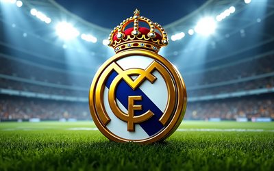 Real Madrid metal logo, 4k, football stadium, spotlights, LaLiga, soccer, Real Madrid logo, football, Real Madrid 3D logo, Real Madrid FC, La Liga, spanish football club, Real Madrid CF, Real Madrid