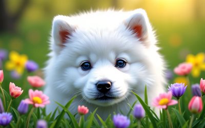 4k, cachorro samoyedo, de cerca, primavera, bokeh, perros, animales lindos, cachorros, mascotas, samoyedo, flores de primavera, cachorro en el césped, perro samoyedo