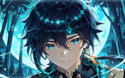 كينيتش, 4k, القمر الفيروزي, تأثير جينشين, ليلة, غابة, شخصيات الانمي, شخصيات جينشين إمباكت, تأثير كينيش جينشين