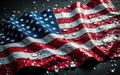 bandera americana, 4k, piedras preciosas, bandera de estados unidos, símbolos estadounidenses, cristales, arte de lujo, piedras brillantes, eeuu, arte creativo, piedras preciosas rojas, cristales blancos de cristal rojo
