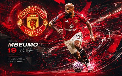 Bryan Mbeumo, Manchester United FC, fan art, red abstract digital background, Bryan Mbeumo Manchester United FC, creative art, Manchester United FC logo, Bryan Mbeumo Manchester United, football, Manchester United