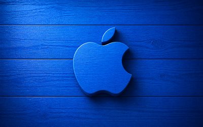 Apple wooden logo, 4k, minimalsim, blue wooden background, creative, Apple 3D logo, electronics brands, Apple logo, Apple