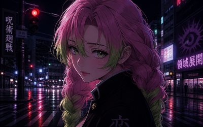 4k, mitsuri kanroji, noche, calle, asesino de demonios, protagonista, cabello rosado, cazador de demonios kimetsu no yaiba, manga, kanroji mitsuri, cazador de demonios, mitsuri kanroji kimetsu no yaiba